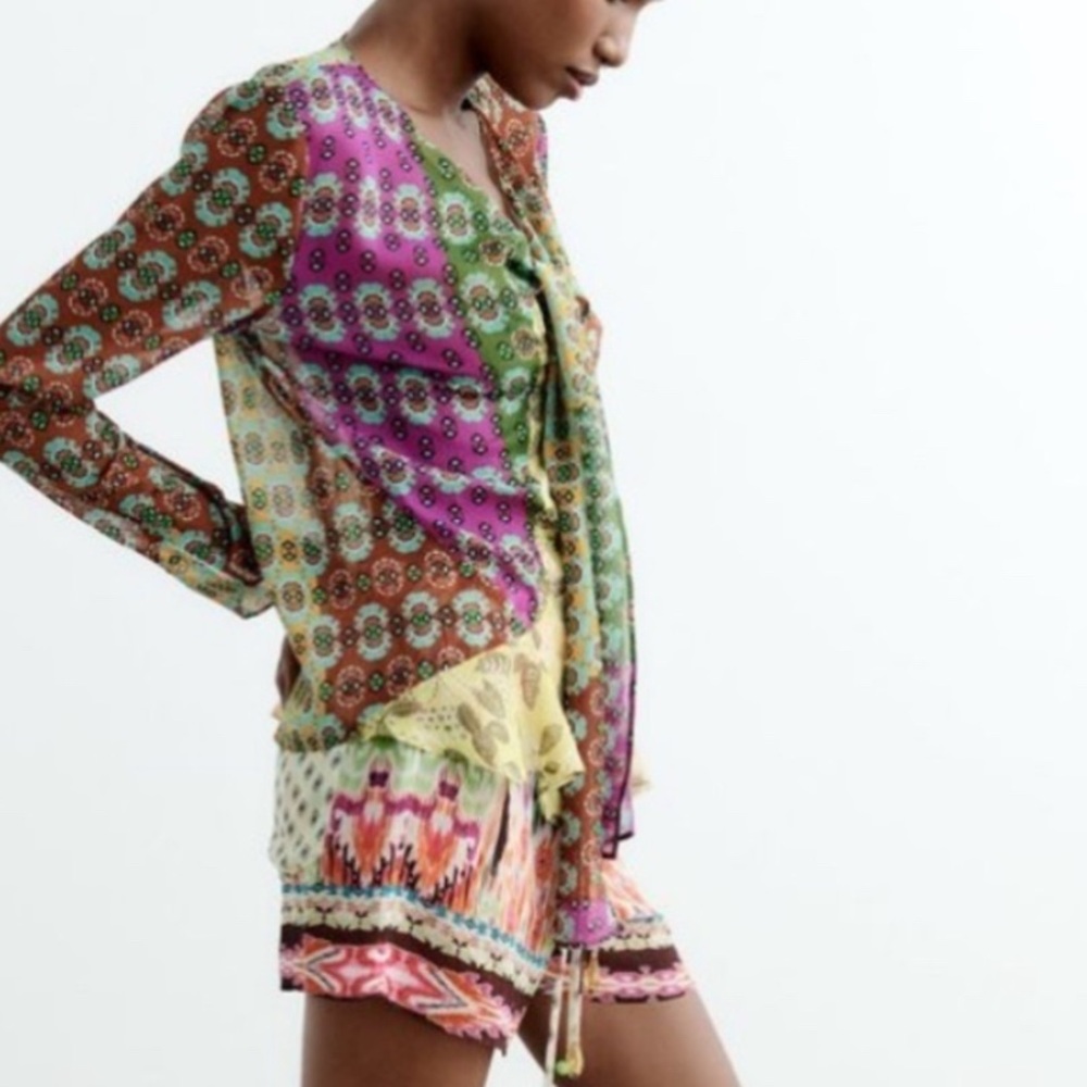 Zara Multicolor Boho Patchwork Blouse NWT size XL  with bow & beaded detail - Picture 2 of 16